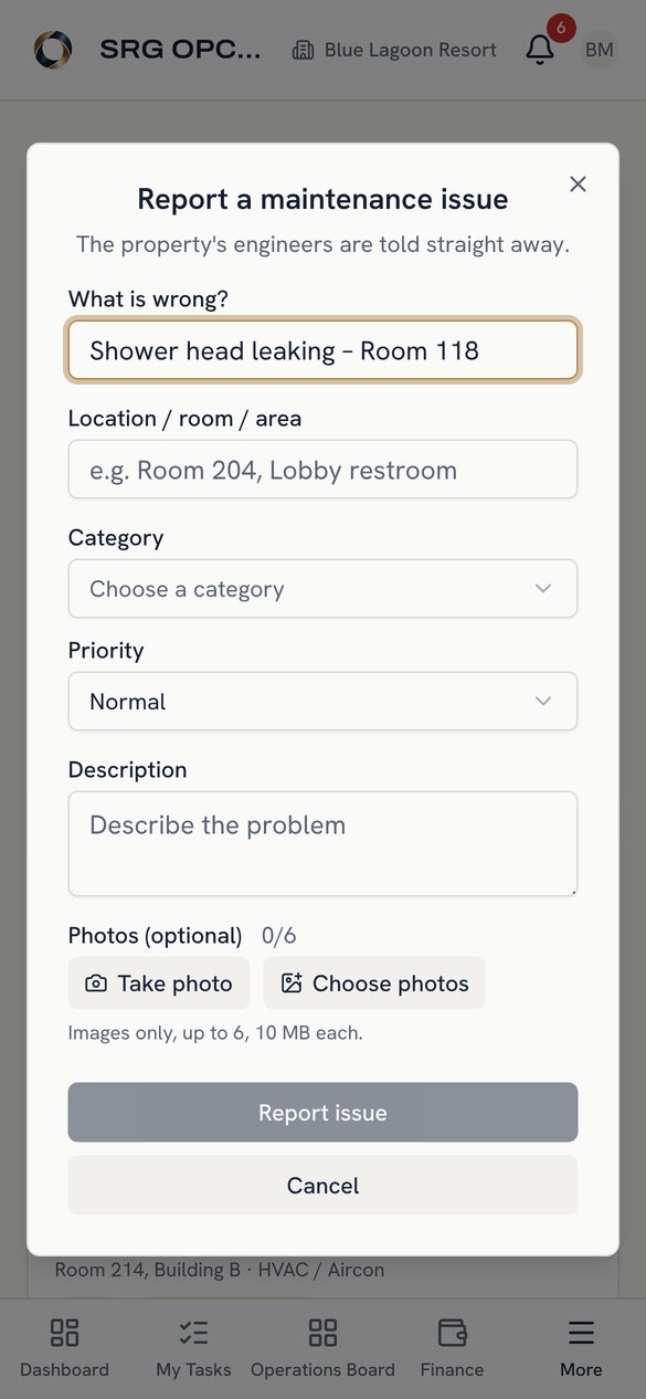 Phone: reporting a leaking shower head with category, priority and photo